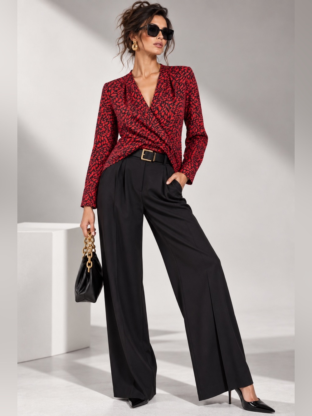 Vince Camuto 1X Red Black Abstract Faux Wrap Blouse Lined Career Work Top